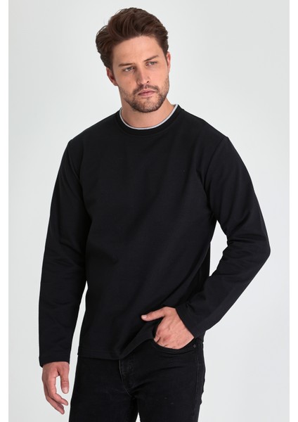 Metalic Erkek Siyah Çift Bisiklet Yaka Standart Rahat Kesim Sweatshirt