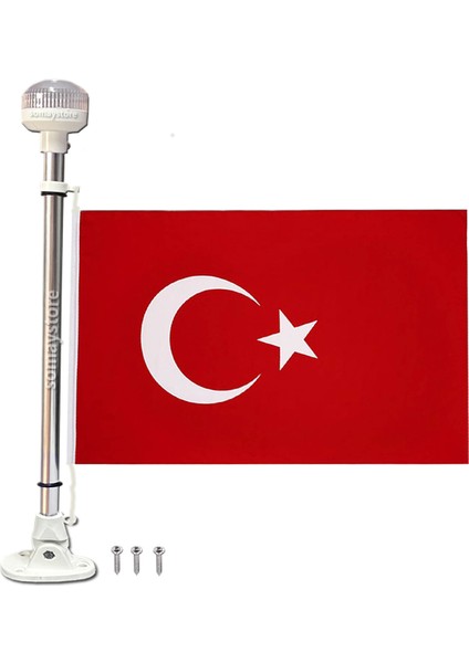 Tekne Işıklı Katlanabilir 50CM Alüminyum Bayrak Direği ve 30X45CM Türk Bayrağı 12V LED