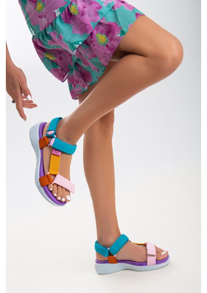 Kadın Kısa Topuk Rahat Taban Cırtlı Günlük Spor Sandalet SS001-0158 Pembe Mavi