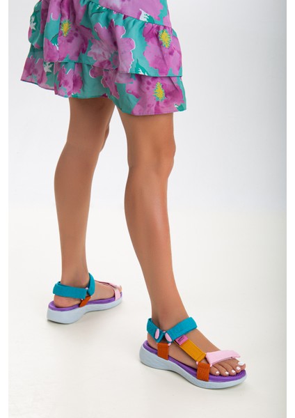 Kadın Kısa Topuk Rahat Taban Cırtlı Günlük Spor Sandalet SS001-0158 Pembe Mavi