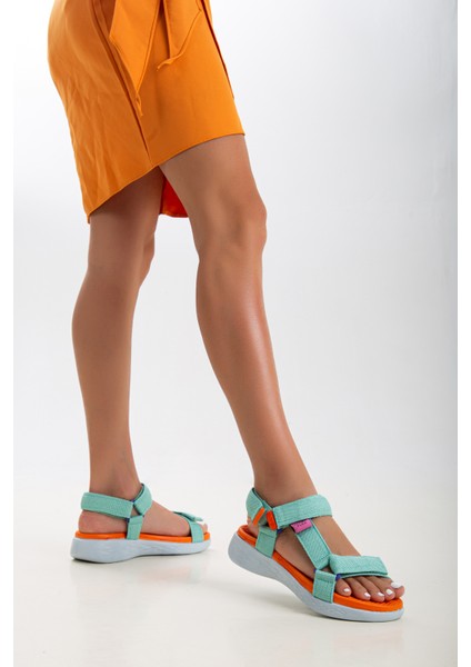 Kadın Kısa Topuk Rahat Taban Cırtlı Günlük Spor Sandalet SS001-0158 Yeşil Oranj