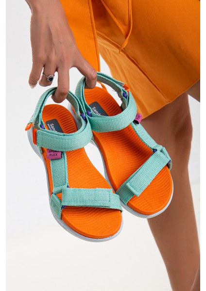 Kadın Kısa Topuk Rahat Taban Cırtlı Günlük Spor Sandalet SS001-0158 Yeşil Oranj