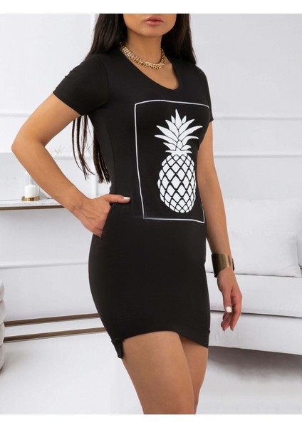Kadın Ananas Baskılı Kısa Kol Viskon Elbise