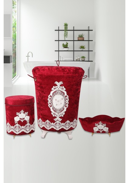 Lisa Bordo 3'lü Çeyizlik Dantelli Banyo Kirli Çamaşır Sepeti Seti Sepet, Havluluk, Deterjanlık