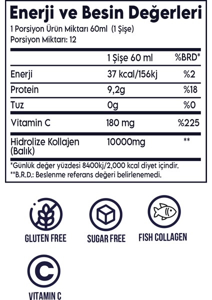 Vitanil's Nutrition Doğal Limon Aromalı Hidrolize Balık Kolajen, Sıvı Kolajen, Marine Collagen 720ML Vitamin C 60ml X 12 Adet