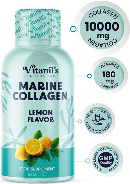 Vitanil's Nutrition Doğal Limon Aromalı Hidrolize Balık Kolajen, Sıvı Kolajen, Marine Collagen 720ML Vitamin C 60ml X 12 Adet