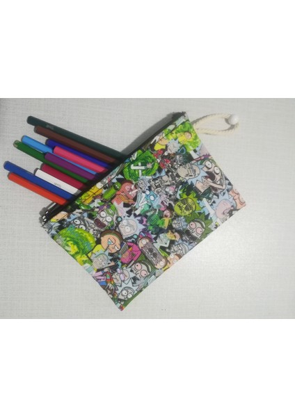 Rick Morty Kolaj Desenli Tasarım Bez Kalemlik-Cüzdan