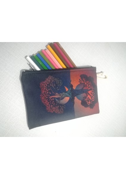 Hayat Ağacı Desenli Tasarım Bez Kalemlik-Cüzdan