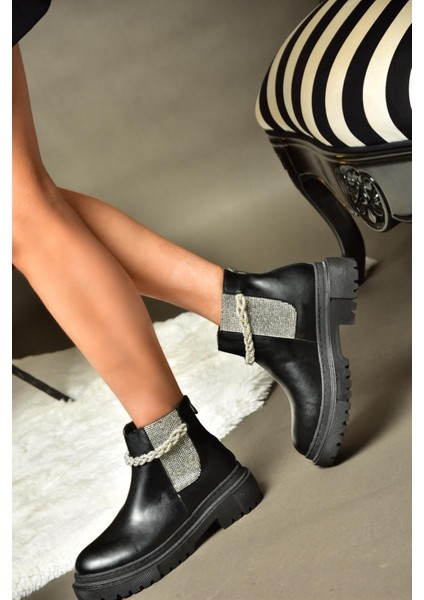 R726418209 Siyah Taşlı Kalın Tabanlı Kadın Bot fiyatları