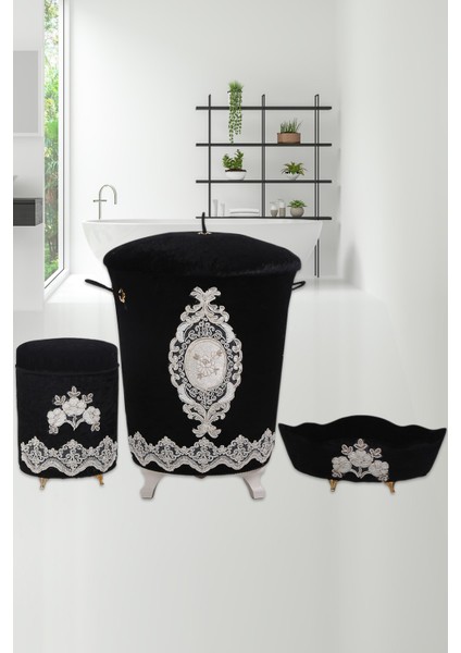 Lisa Siyah 3'lü Çeyizlik Dantelli Banyo Kirli Çamaşır Sepeti Seti | Sepet ,havluluk, Deterjanlık