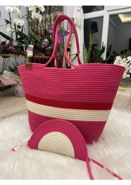 El Örgüsü Hasır Pembe Omuz Çantası Cüzdan Set fiyatları