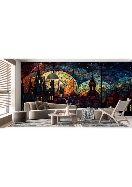 Vitray Görünümlü Şehir Manzarası, Cadılar Bayramı Temalı Halloween Duvar Posteri