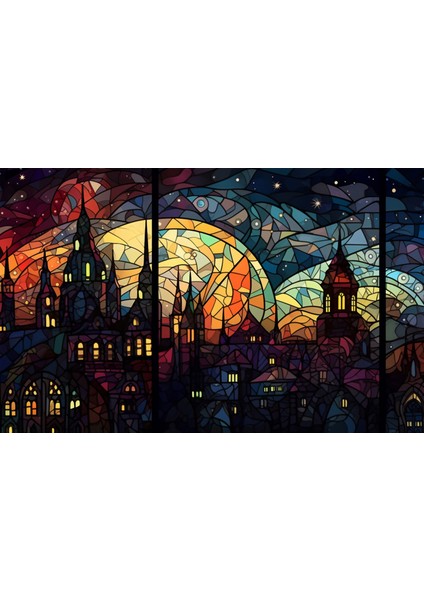 Vitray Görünümlü Şehir Manzarası, Cadılar Bayramı Temalı Halloween Duvar Posteri modelleri