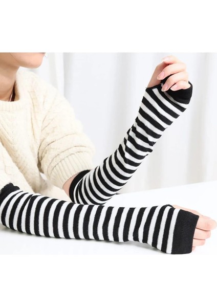 Siyah Beyaz Çizgili Kesik Parmak Ikili Kolluk Eldiven Unisex Pamuklu Kumaş