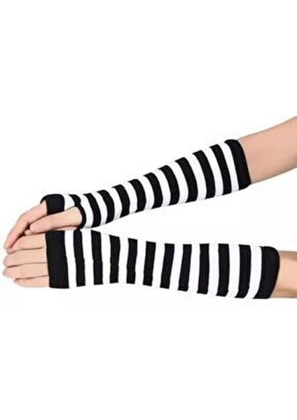 Siyah Beyaz Çizgili Kesik Parmak Ikili Kolluk Eldiven Unisex Pamuklu Kumaş fırsatları