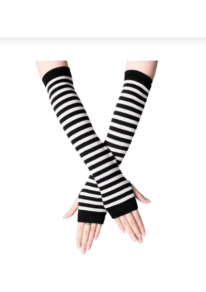 Siyah Beyaz Çizgili Kesik Parmak Ikili Kolluk Eldiven Unisex Pamuklu Kumaş indirimleri