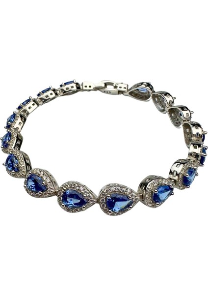 925 Ayar Gümüş Damla Açık Lacivert Anturajlı Zirkon Taşlı Bileklik