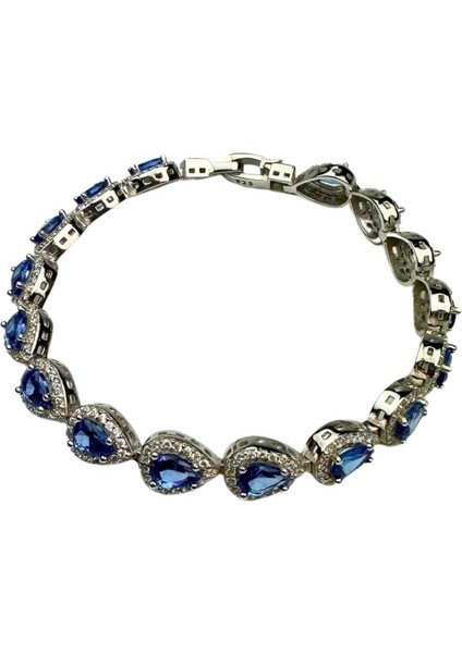 925 Ayar Gümüş Damla Açık Lacivert Anturajlı Zirkon Taşlı Bileklik fiyatları
