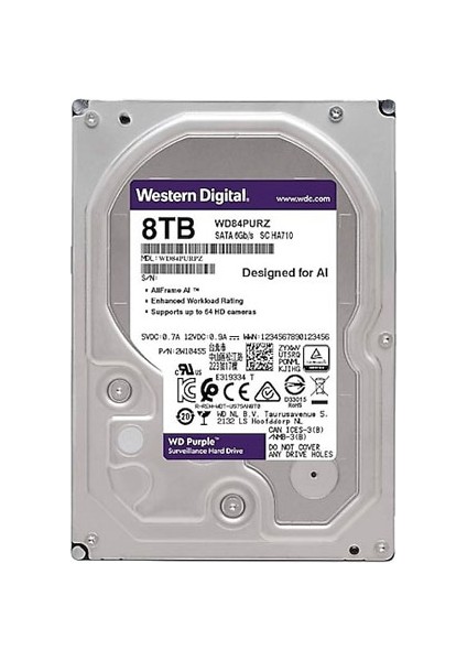 Wd 3.5 Purple 8tb 128MB Sata3 Güvenlik HDD 84PURZ (7/24)