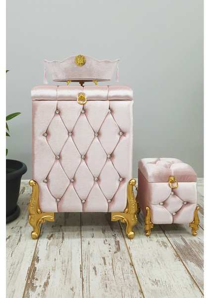 Kapitone Pudra Pembe 3'lü Banyo Kirli Çamaşır Sepeti Seti Mdf Sepet ,havluluk, Deterjanlık