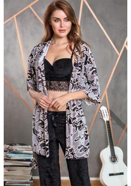 5521 Kadife Sabahlık Büstiyer Pantolon Takım