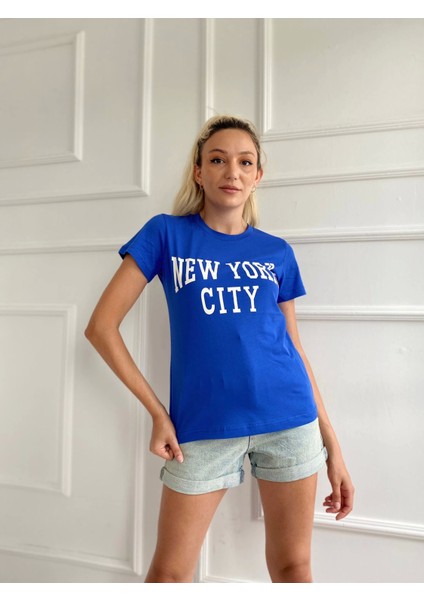 Kadın Basic Tişört New York City Baskılı Mavi