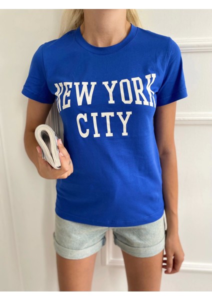 Kadın Basic Tişört New York City Baskılı Mavi fiyatları
