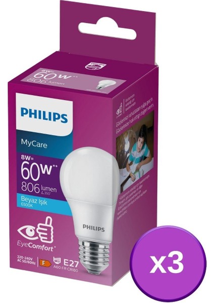 LED 8-60W Ampul 6500K Beyaz Işık 3'lü