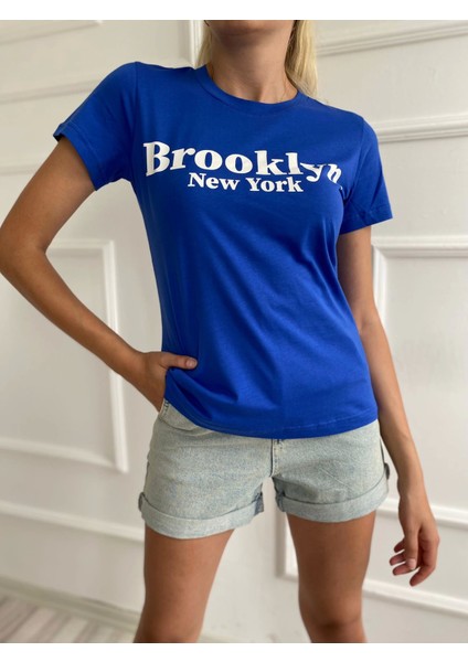 Kadın Basic Tişört Brooklyn New York Baskılı Mavi