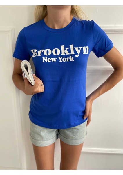 Kadın Basic Tişört Brooklyn New York Baskılı Mavi