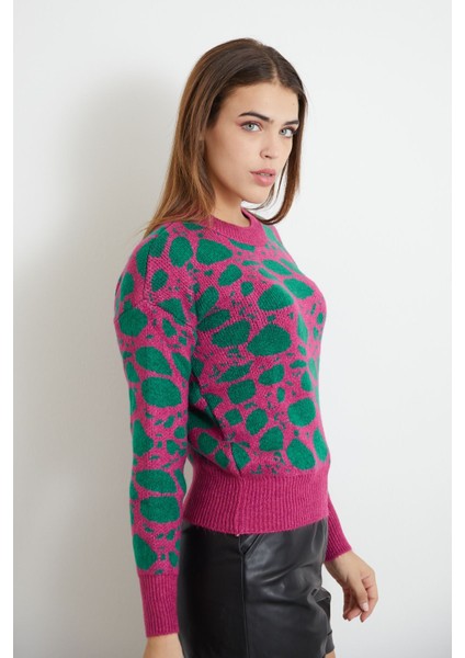 Desenli Triko Crop-Fuşya