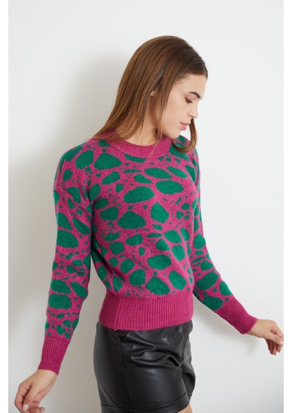 Desenli Triko Crop-Fuşya