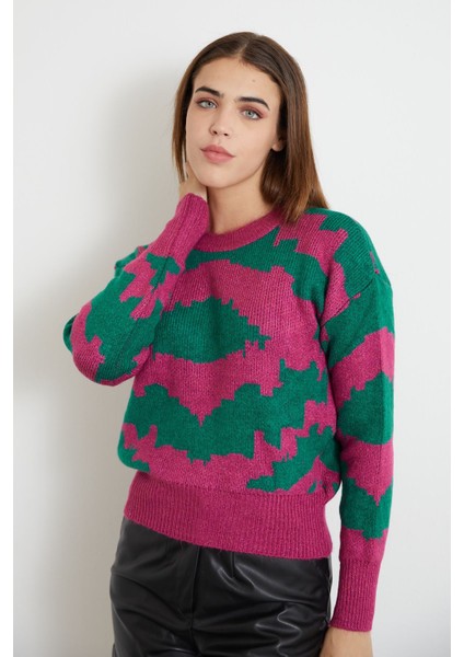 Desenli Crop Kazak-Fuşya