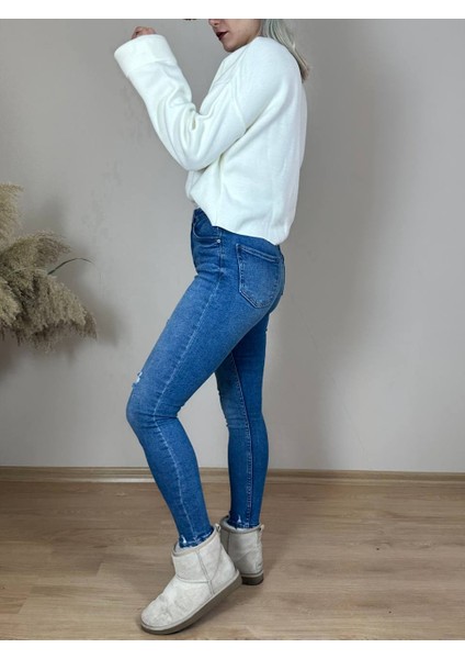 Lacivert Yüksek Bel Küçük Lazerli Skinny Jean fırsatları
