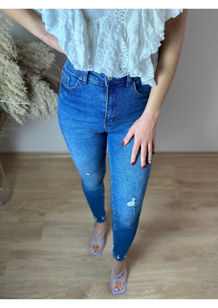Lacivert Yüksek Bel Küçük Lazerli Skinny Jean indirimleri