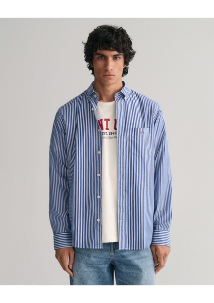 Erkek Mavi Regular Fit Düğmeli Yaka Çizgili Gömlek 3000130.436