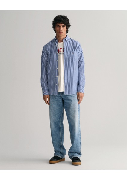 Erkek Mavi Regular Fit Düğmeli Yaka Çizgili Gömlek 3000130.436 indirimleri