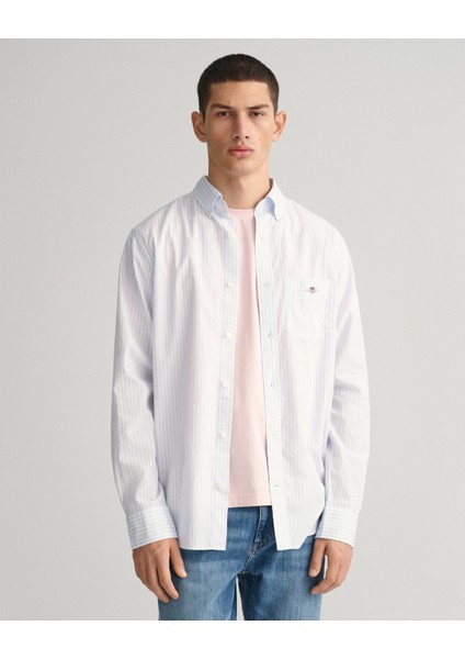 Erkek Mavi Regular Fit Düğmeli Yaka Çizgili Gömlek 3000130.455