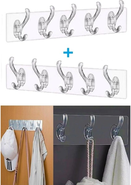 2 Adet Şeffaf Askılık Duvar Askısı 5'li Iz Bırakmayan Güçlü Yapışkanlı Banyo Mutfak Kanca