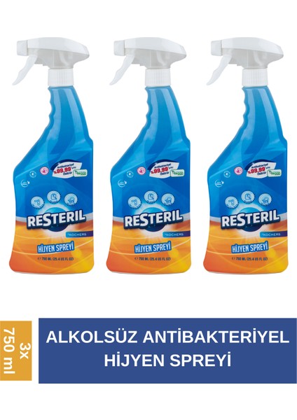 Resteril Hijyen Spreyi 3x750ml Buzdolabı Temizleyici Banyo Küf Giderici Klozet Kapağı Dezenfektan