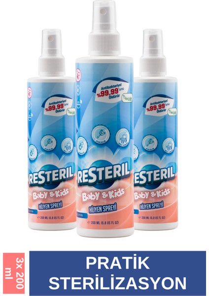 Resteril Hijyen Spreyi Baby&Kids 3x200ml Bebek Çocuk Oyuncak Temizleyici Biberon Emzik Temizleyici