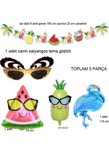 Tropical Hawaian Konsept Flamingo Ananas Karpuz Palmiye Süsleri Balonları ve Gözlük 5 Parça