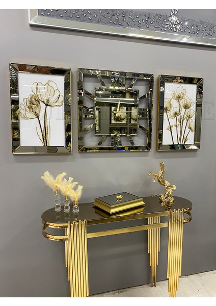 Gold Aynalı Gelincik Tablo ve Kare Saat Set fiyatları