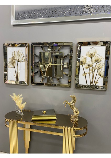 Gold Aynalı Gelincik Tablo ve Kare Saat Set