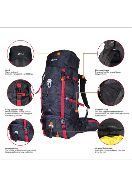 Quickup Hiking Sırt Çantası 65 Litre- Siyah-Kırmızı fırsatları