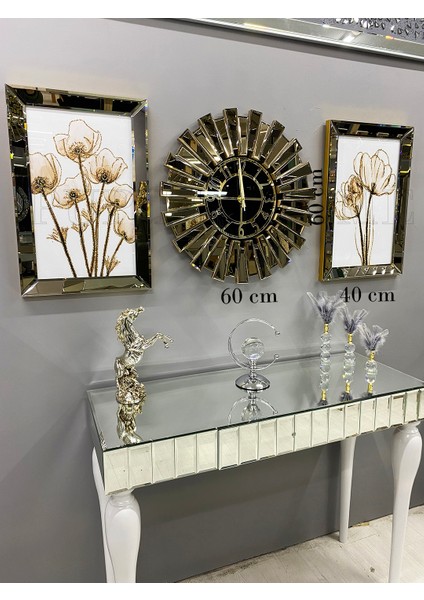 Gold Aynalı Gelincik Tablo ve Güneş Saat Set modelleri