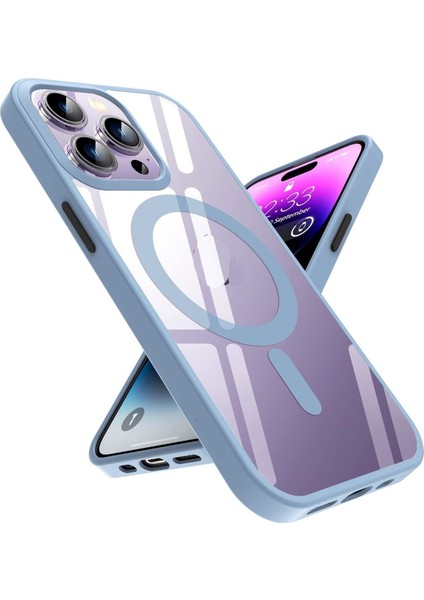 Apple Iphone 15 Pro Max Kılıf Kamera Çıkıntılı Korumalı Krom Çerçeveli Magsafe Şarj Destekli Renkli Hassas Butonlu Şeffaf Kapak