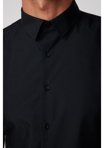 Slim Fit Arkadan Pensli Önden Kulplu Düz Trend Siyah Erkek Gömlek fırsatları