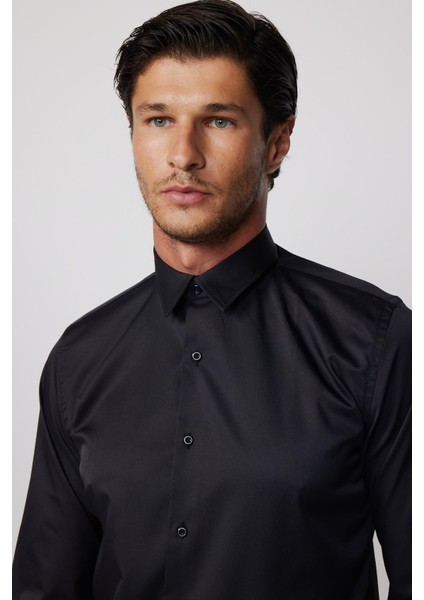 Slim Fit Likralı Düz Stretch Siyah Erkek Gömlek
