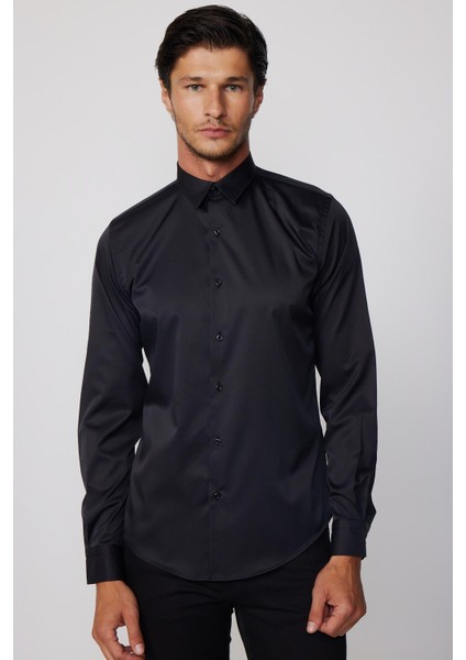 Slim Fit Likralı Düz Stretch Siyah Erkek Gömlek fiyatları